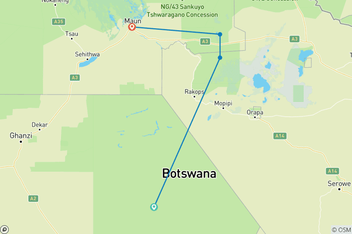 Kaart van Safari door de Centrale Kalahari, de Makgadikgadi-zoutpannen en de Nxai-pan, Botswana