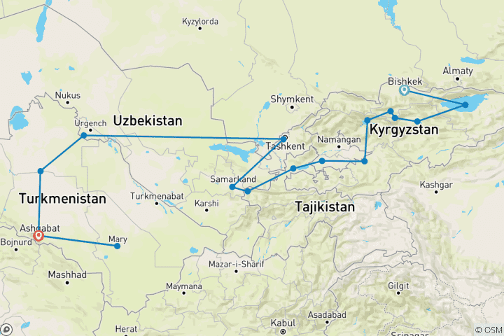Carte du circuit De Bichkek à Achgabat (y compris le lac Song Kul)