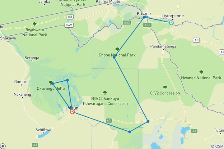 Carte du circuit Majesté du Botswana : Victoria Falls, Chobe & Okavango Fly-In Safari - 10 jours
