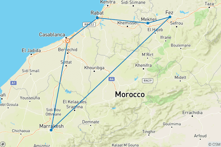 Carte du circuit Circuit des villes impériales du Maroc 5* Hôtels et demi-pension