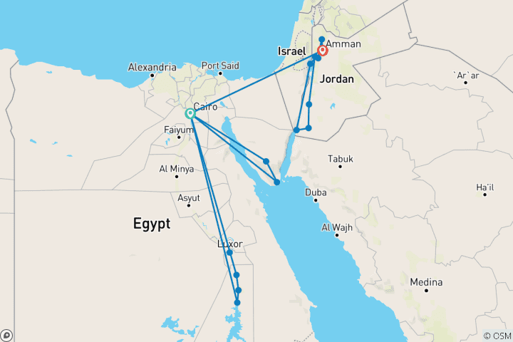 Kaart van 18-daagse rondreis in luxe van Egypte en Jordanië