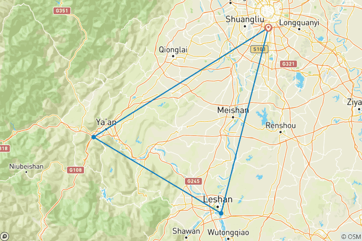 Carte du circuit Cycle de 9 jours Royaume des pandas, province du Sichuan, Chine