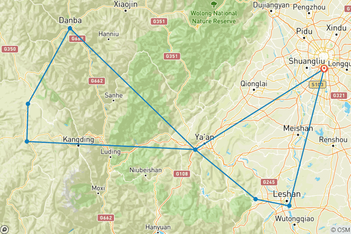 Carte du circuit Vélo et Trek dans le royaume des pandas et le Tibet Kham, province du Sichuan, Chine - 14 jours