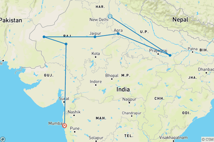 Map of 14-Day India Odyssey: Golden Triangle, Varanasi, Taj Mahal & Thar Desert Trek