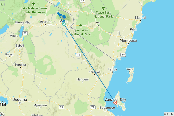 Mapa de Kilimanjaro - Ruta Lemosho y Zanzíbar