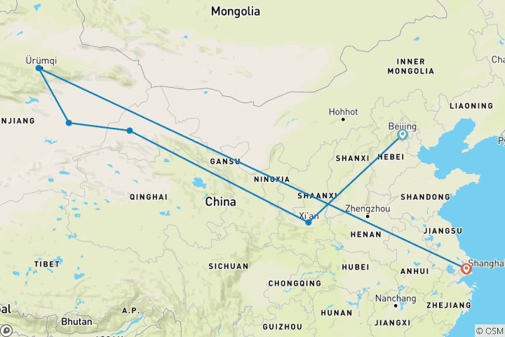 Carte du circuit Aventure privée en Chine sur la Route de la Soie, départ quotidien avec guide et chauffeur exclusifs