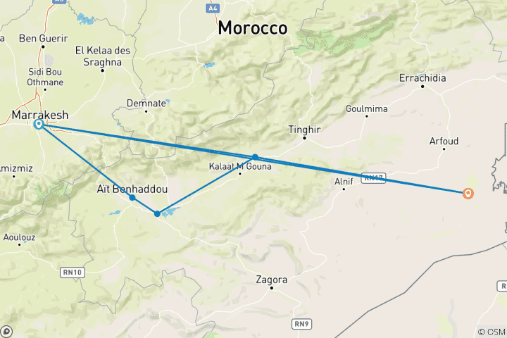 Carte du circuit Circuit de 3 jours dans le désert de Marrakech à Merzouga avec promenade à dos de chameau