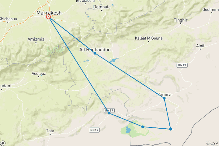 Kaart van 3-Daagse Marrakech naar Erg Chigaga woestijntour met Kasbahs