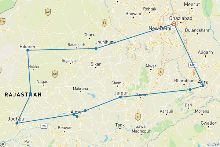 Karte von Rajasthan Rundreise - 11 Tage
