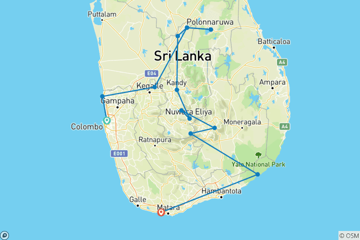 Map of Sri Lanka Highlights – 09-Day Shared Group Tour (South Beach Drop)