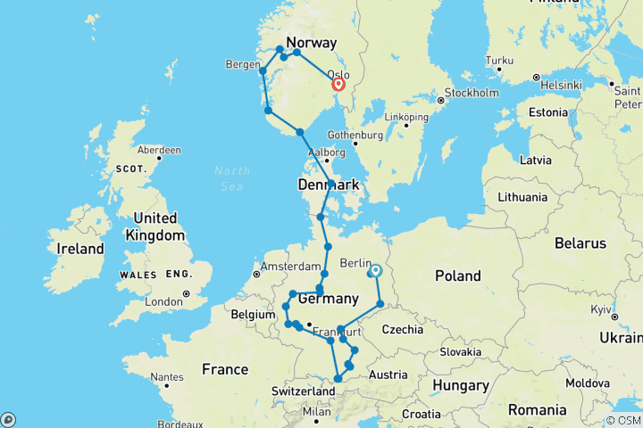 Carte du circuit L'Allemagne et la Norvège (33 destinations)