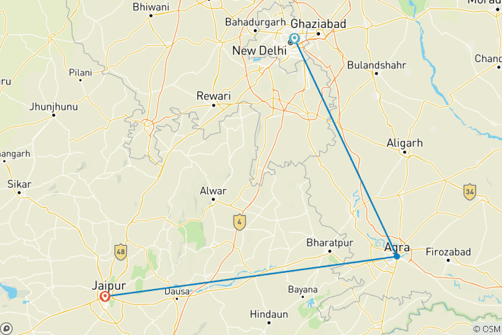 Karte von Ab Delhi: 3 Tage Goldenes Dreieck Tour Indien Delhi, Agra & Jaipur)