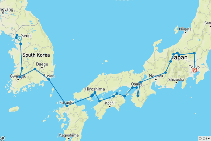 Carte du circuit Les lumières du Japon et de la Corée (28 destinations)