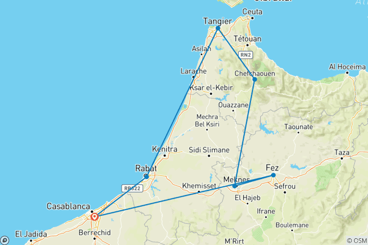 Kaart van Rondreis Noord-Marokko + de Blauwe Stad + Fez