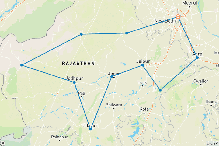 Kaart van 14-daagse Essence of India Luxe reis