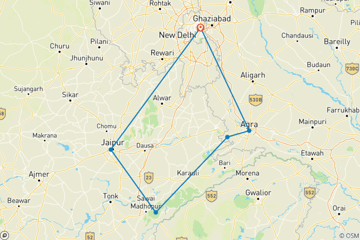 Carte du circuit 8 jours de voyage dans le Triangle d'Or avec le safari des tigres de Ranthambore