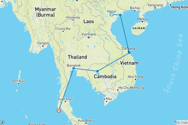Carte du circuit Aperçu de l'Indochine en 14 jours (Vietnam, Cambodge, Thaïlande)