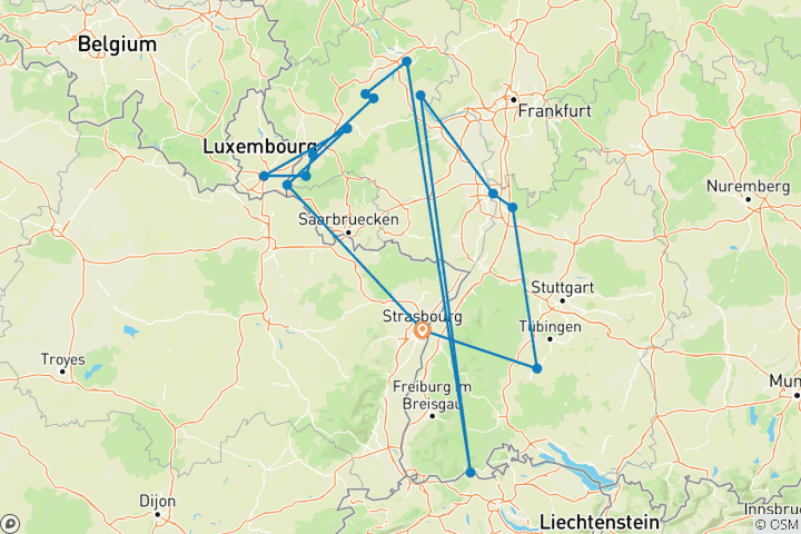 Carte du circuit 4 rivières : Les vallées de la Moselle, de la Sarre, du Rhin romantique et du Neckar