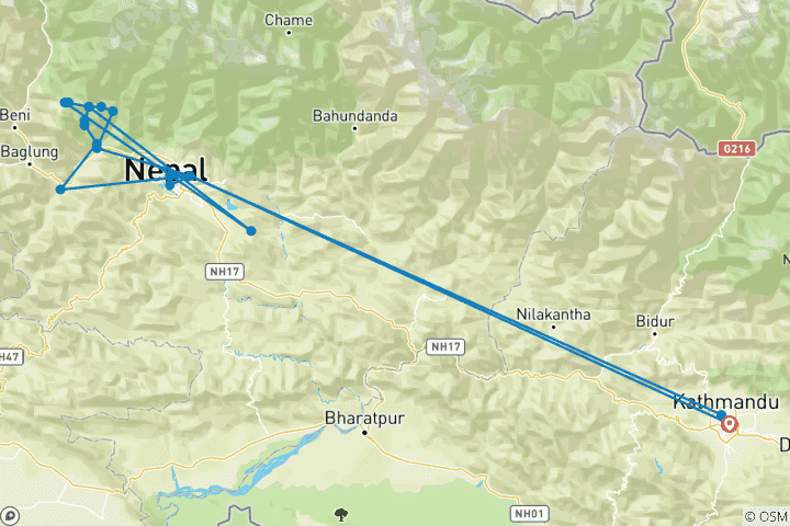 Carte du circuit 9 jours de randonnée à Poon Hill