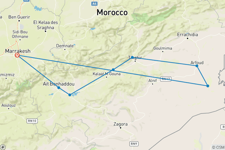 Kaart van Marrakech naar Merzouga privéreis door de woestijn in 3 dagen