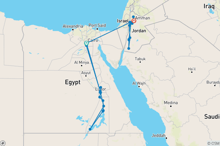 Carte du circuit Trésors de l'Égypte et du Nil avec Hidden Jordan Le Caire → Amman (2026)