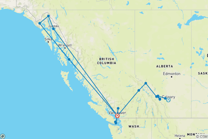 Map of Passage Through the Rockies and Alaska Cruise Calgary → Vancouver (2026)
