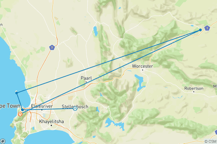 Mapa de Ciudad del Cabo, 5 días. Cata de vinos & Península del Cabo & Islas Robben & Excursión a los Cinco Grandes & Coche por la Montaña de la Mesa