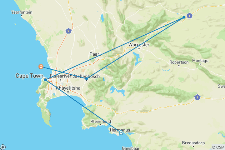 Karte von Kapstadt. 5-tägige Attraktionstouren: Haitauchen & Kap-Halbinsel & Weinprobe & Robben Island & Aquila Safari Tour