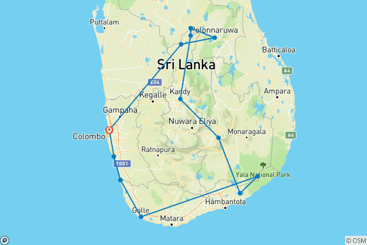 Kaart van Het beste van Sri Lanka 10 dagen, privé rondreis