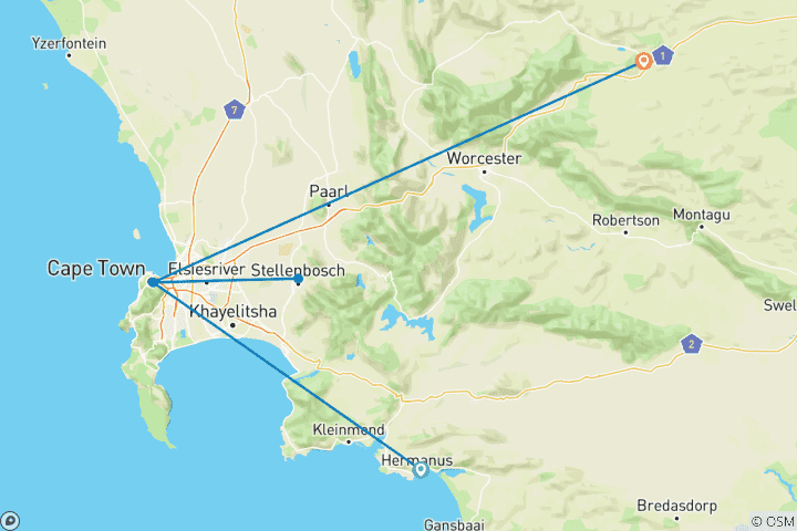 Mapa de Sudáfrica Ciudad del Cabo Excursiones de 5 días: Avistamiento de Ballenas & Península del Cabo & Cata de Vinos & Safari Aquila & Excursión en Parapente