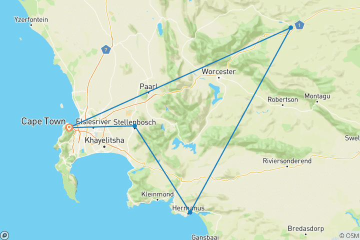 Carte du circuit Le Cap - 5 jours d'excursions : Parapente et; Péninsule du Cap et; Dégustation de vin et; Plongée dans la cage aux requins et; Aquila Safari Tour