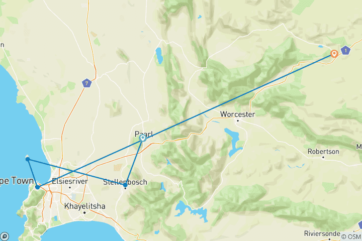 Kaart van Zuid-Afrika 5-daagse attractie: Krokodillenkooi tour, Wijnproeverij, Robbeneiland Tour, Kaap Schiereiland,Aquila Safari Tour