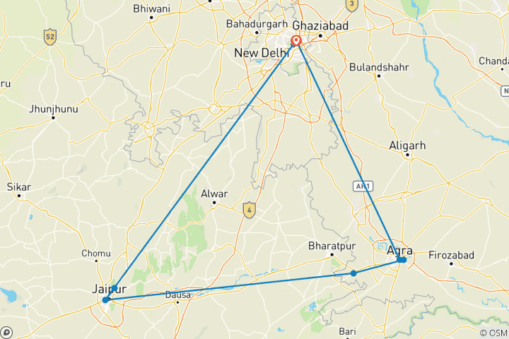 Kaart van Gouden Driehoek India Tour