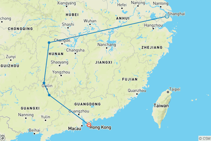 Carte du circuit Impressionnante Chine 10 jours : Shanghai, Zhangjiajie, Fenghuang, Longji, Yangshuo, Hong Kong