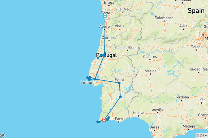 Carte du circuit Le nord et le sud du Portugal, autotour