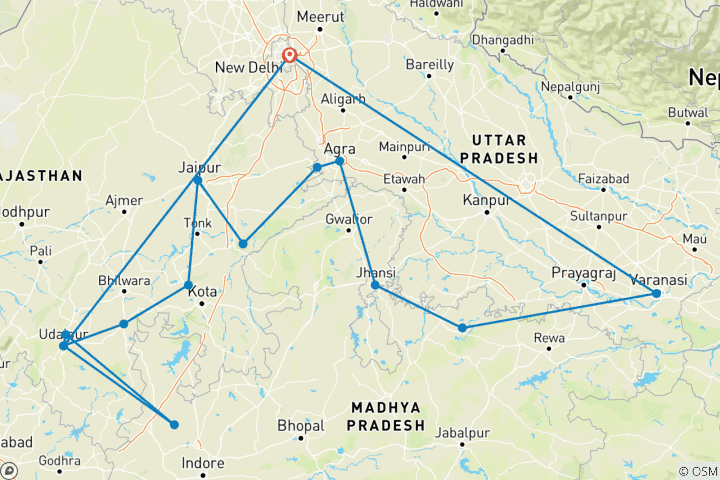 Kaart van Glorieuze Rajasthan Tour met Ranthambore & Taj Mahal