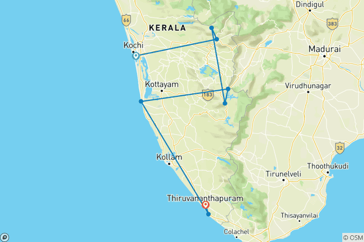 Karte von Kerala Entdeckungsreise: Backwaters & Wildlife