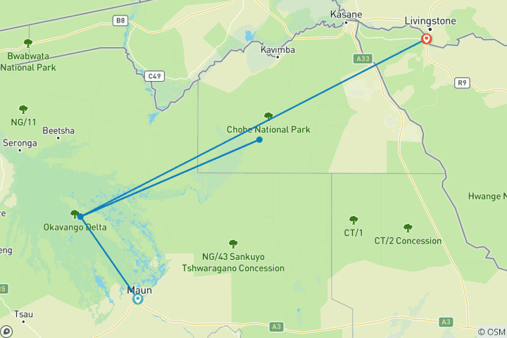 Carte du circuit Safari au Botswana et escapade aux chutes Victoria – 7 jours | Delta de l'Okavango, Moremi, Khwai et Chobe