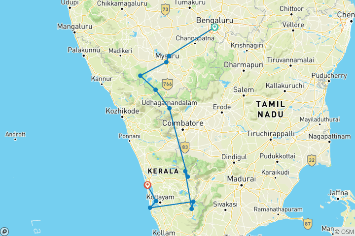 Karte von Südindien Wildlife Rundreise