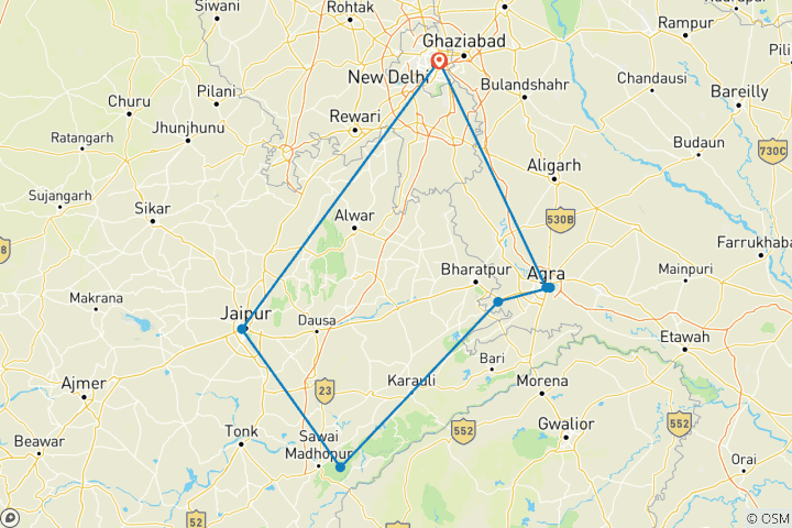 Kaart van Rondreis door de Gouden Driehoek – met Ranthambore