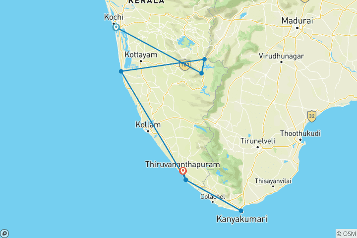 Kaart van Kerala Rugwater Tocht met Exotische Stranden