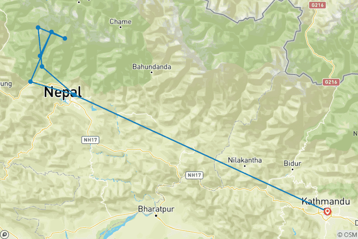 Carte du circuit Trek du Sanctuaire de l'Annapurna (pour les débutants et les plus âgés)