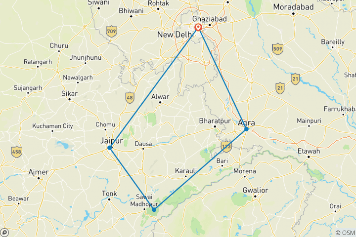 Karte von Goldenes Dreieck mit Ranthambore, Jaipur & Delhi (Taj Mahal)
