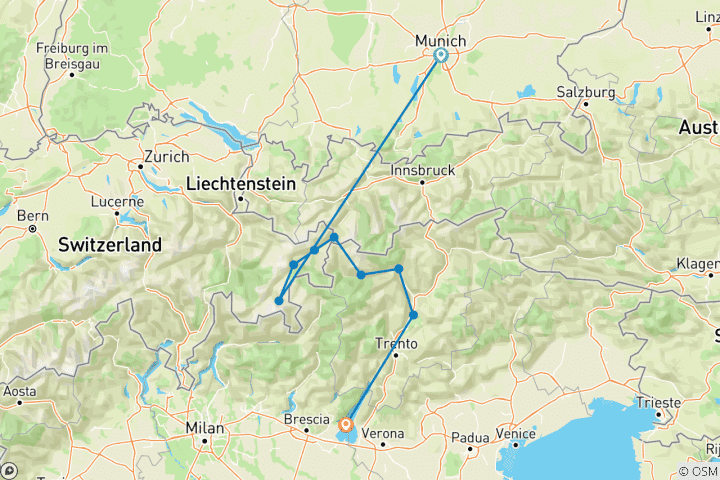 Map of E bike trip Switzerland, Austria and Italy, Guided cycling from Glacier to Garda Lake