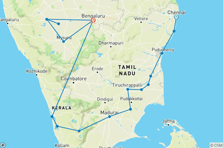 Carte du circuit Pleins feux sur l'Inde du Sud - Tamilnadu, Kerala et Karnataka
