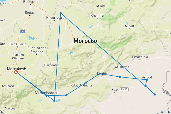 Carte du circuit Safari de 3 jours dans le désert de Marrakech à Merzouga