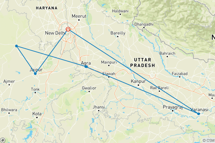Karte von Das Beste von Indien: 7-tägige Tour durch das Goldene Dreieck mit Delhi, Jaipur, Agra und Varanasi mit dem Superschnellzug