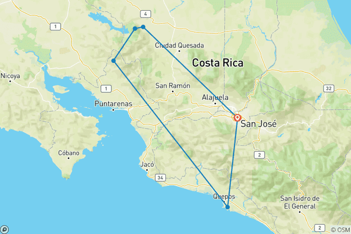 Kaart van Costa Rica Uitgebreid - Stranden, Watervallen & Warmwaterbronnen (leeftijden 21-35)