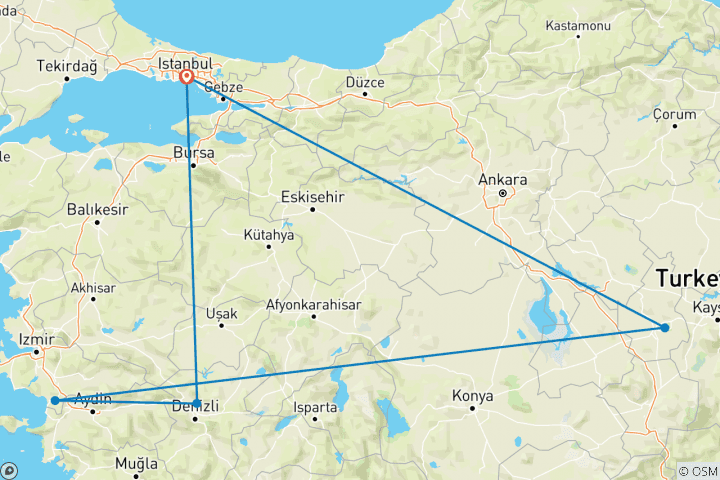 Kaart van 4-daagse Turkije Tour vanuit Istanbul: Cappadocië, Efeze, Pamukkale per vliegtuig