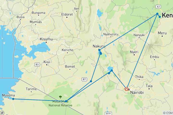 Kaart van 7 Dagen Samburu, Lake Nakuru, Masai Mara en Naivasha Luxe Safari